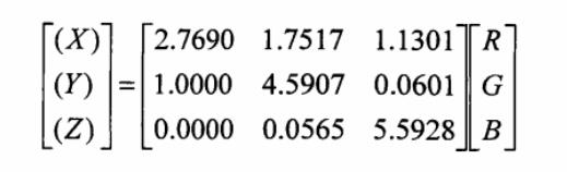 RGB颜色模型与XYZ颜色模型的关系式